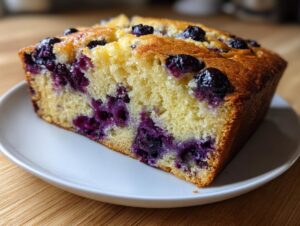 A close-up of a thick slice of moist blueberry banana bread with visible blueberries baked into the golden crumb.