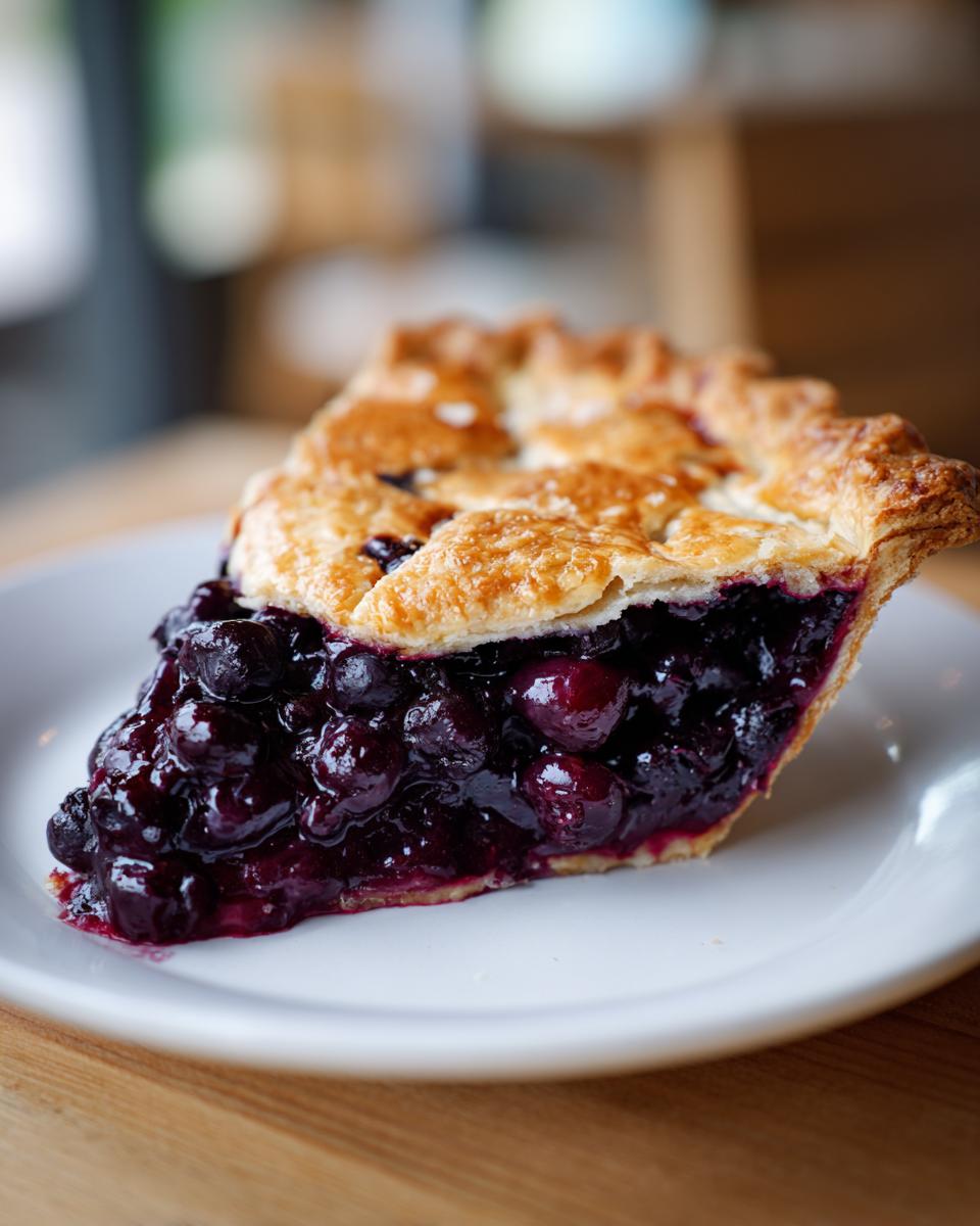 Close-up of a thick slice of homemade blueberry pie recipe with a lattice crust.