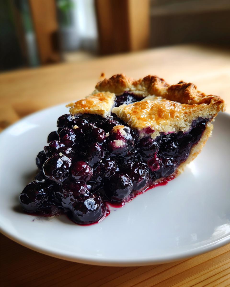Close-up of a generous slice of homemade blueberry pie recipe, showing juicy filling and flaky crust.