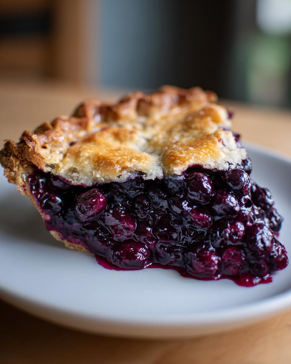 Close-up of a juicy slice of blueberry pie recipe with a golden, flaky crust overflowing with dark purple filling.