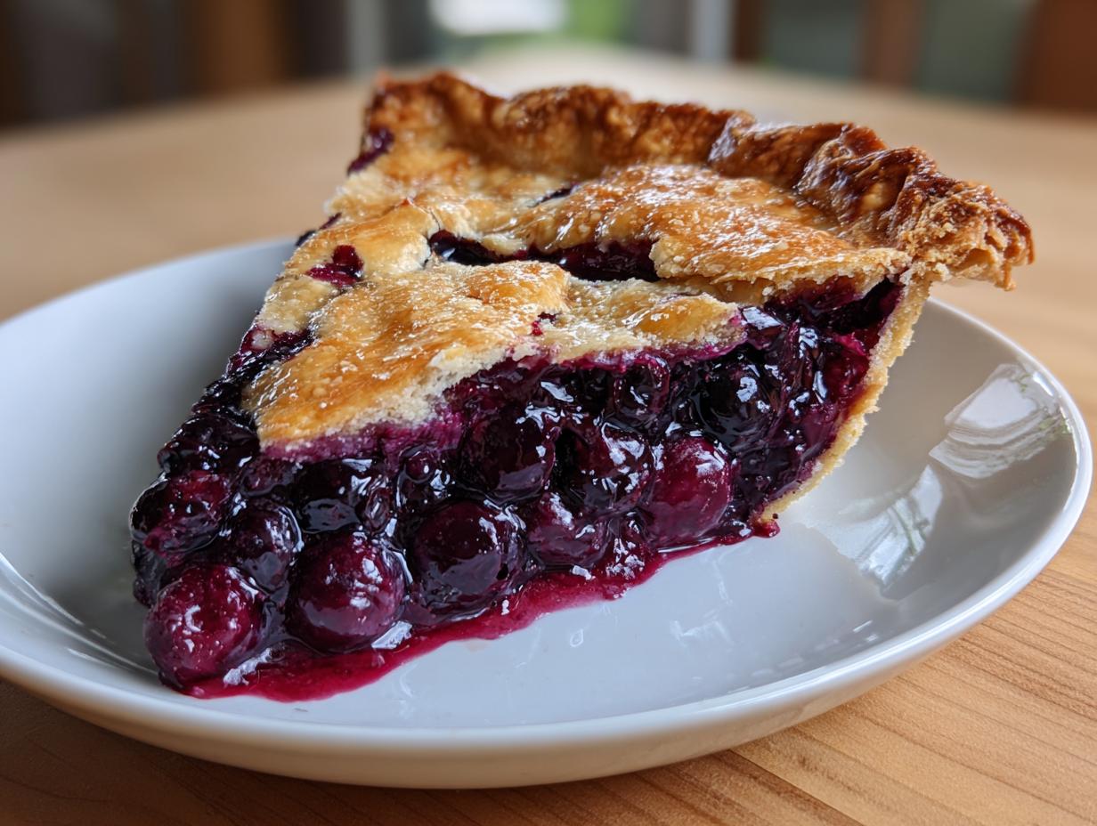 Close-up of a juicy slice of homemade blueberry pie recipe with a golden, flaky crust.