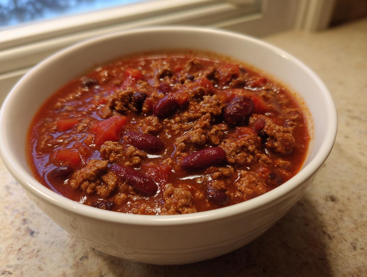 Close-up of a white bowl filled with rich, thick high protein chili featuring ground meat and kidney beans.