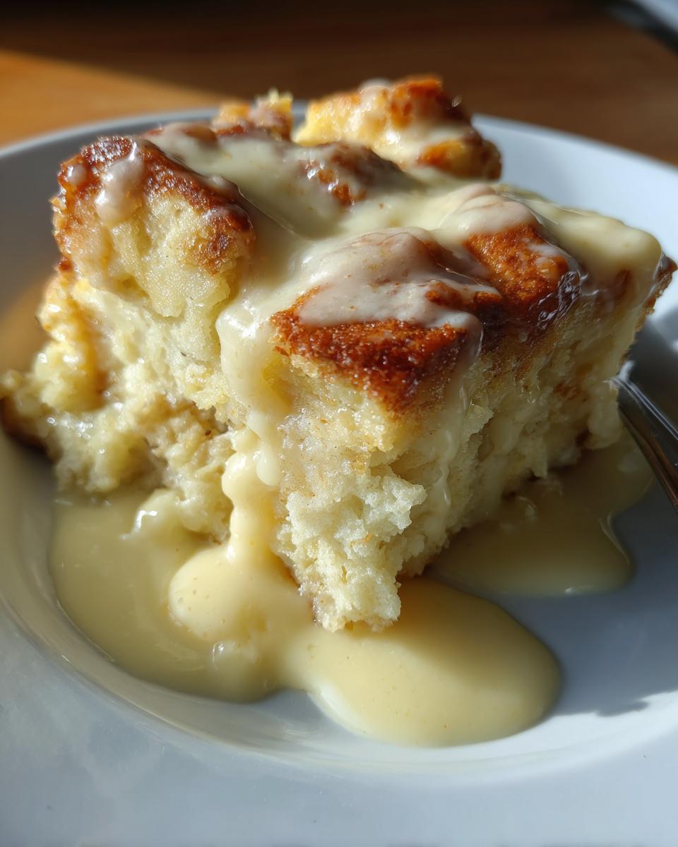 A square serving of moist bread pudding recipe topped generously with rich vanilla cream sauce.