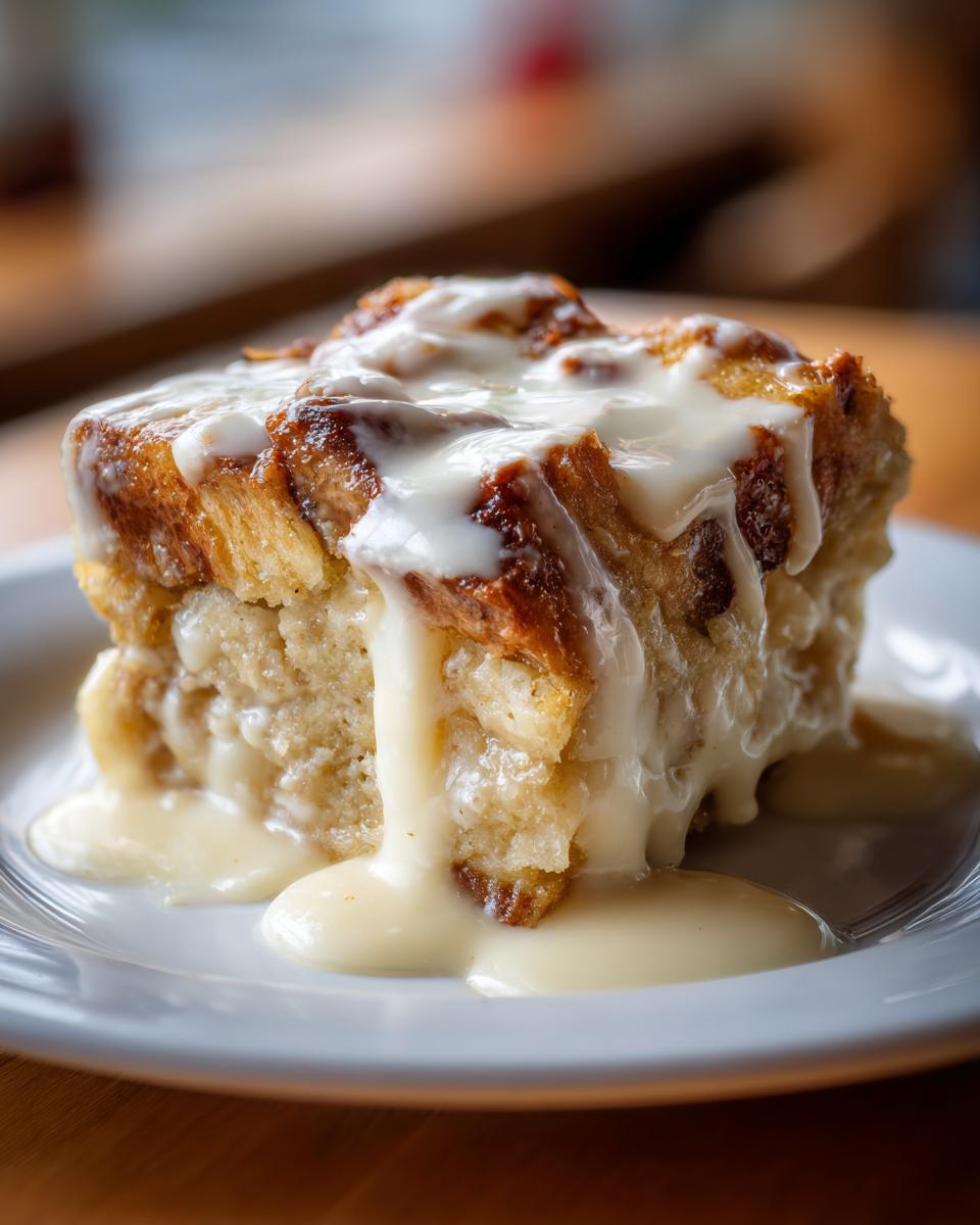 Close-up of a square slice of moist bread pudding recipe covered in rich vanilla sauce.