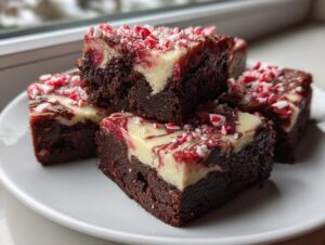 Four rich, fudgy candy cane brownies with cream cheese swirl and crushed peppermint topping on a white plate.