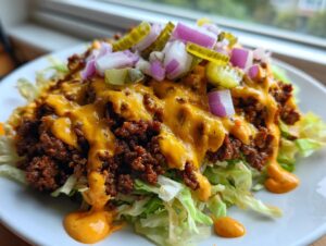 A close-up of a delicious cheeseburger bowl featuring seasoned ground beef, melted cheese sauce, pickles, and red onion over shredded lettuce.