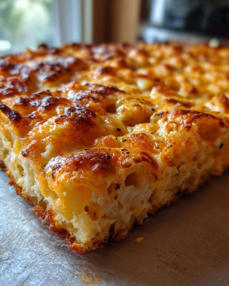 A close-up, cross-section view of the baked keto pizza crust topped with bubbly, browned cheese.