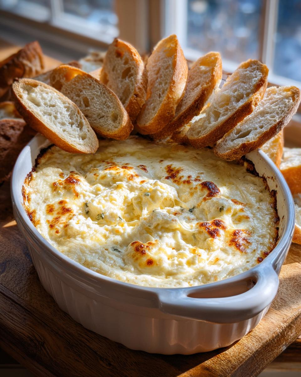Close-up of a hot, bubbly, cheesy bread dip in a white baking dish surrounded by toasted baguette slices.