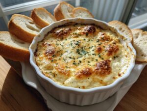 A warm, cheesy bread dip baked golden brown in a white ramekin, served with slices of toasted baguette for dipping.