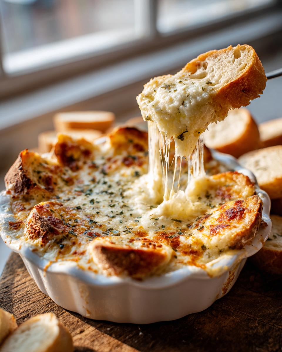 A piece of toasted bread is lifted from a hot, cheesy bread dip, showing long, irresistible cheese strings.