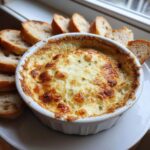 A bubbling, hot cheesy bread dip served in a white ramekin surrounded by toasted baguette slices.