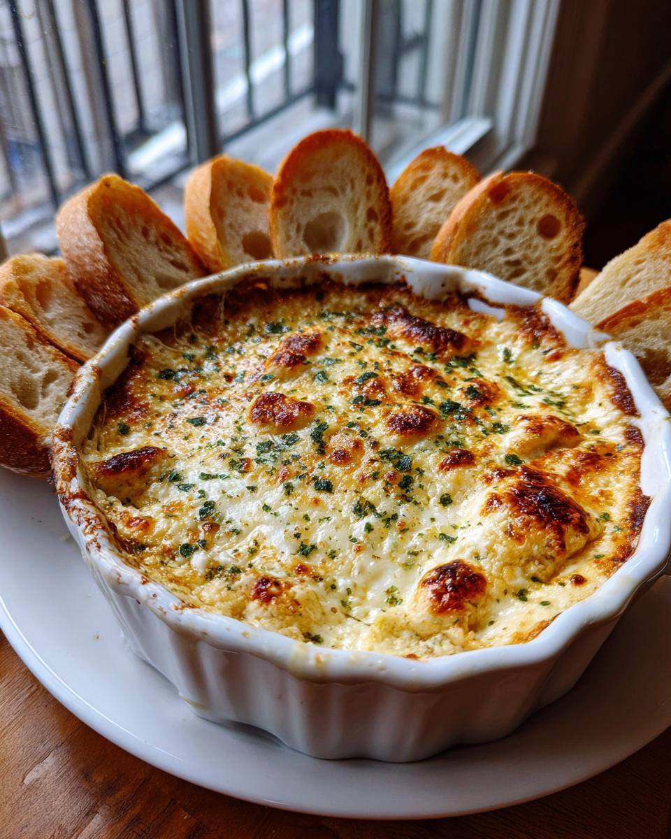 A bubbling, hot cheesy bread dip served in a white ramekin, surrounded by toasted baguette slices for dipping.