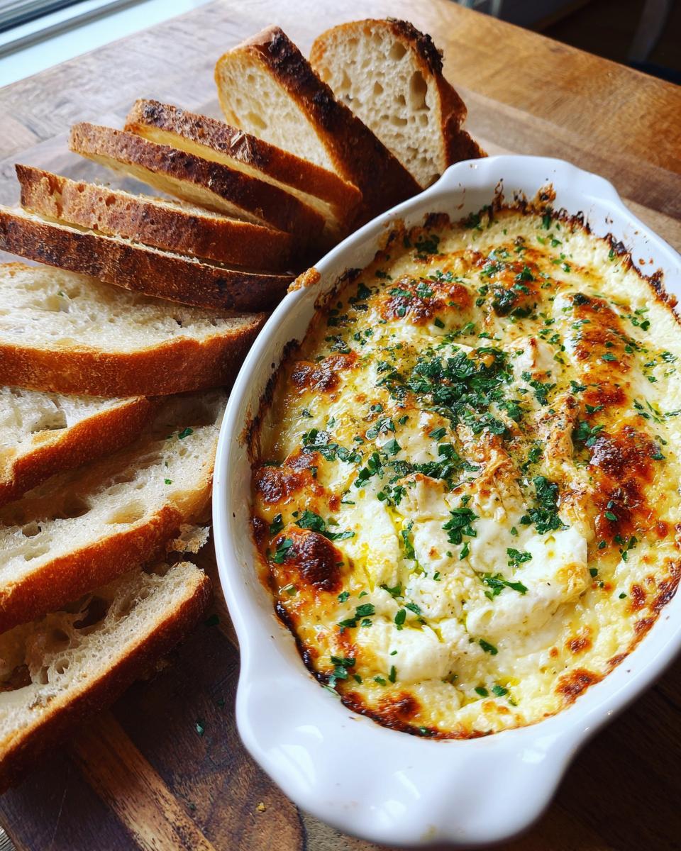 Close-up of a baked, cheesy bread dip in a white dish, served alongside slices of toasted baguette for dipping.
