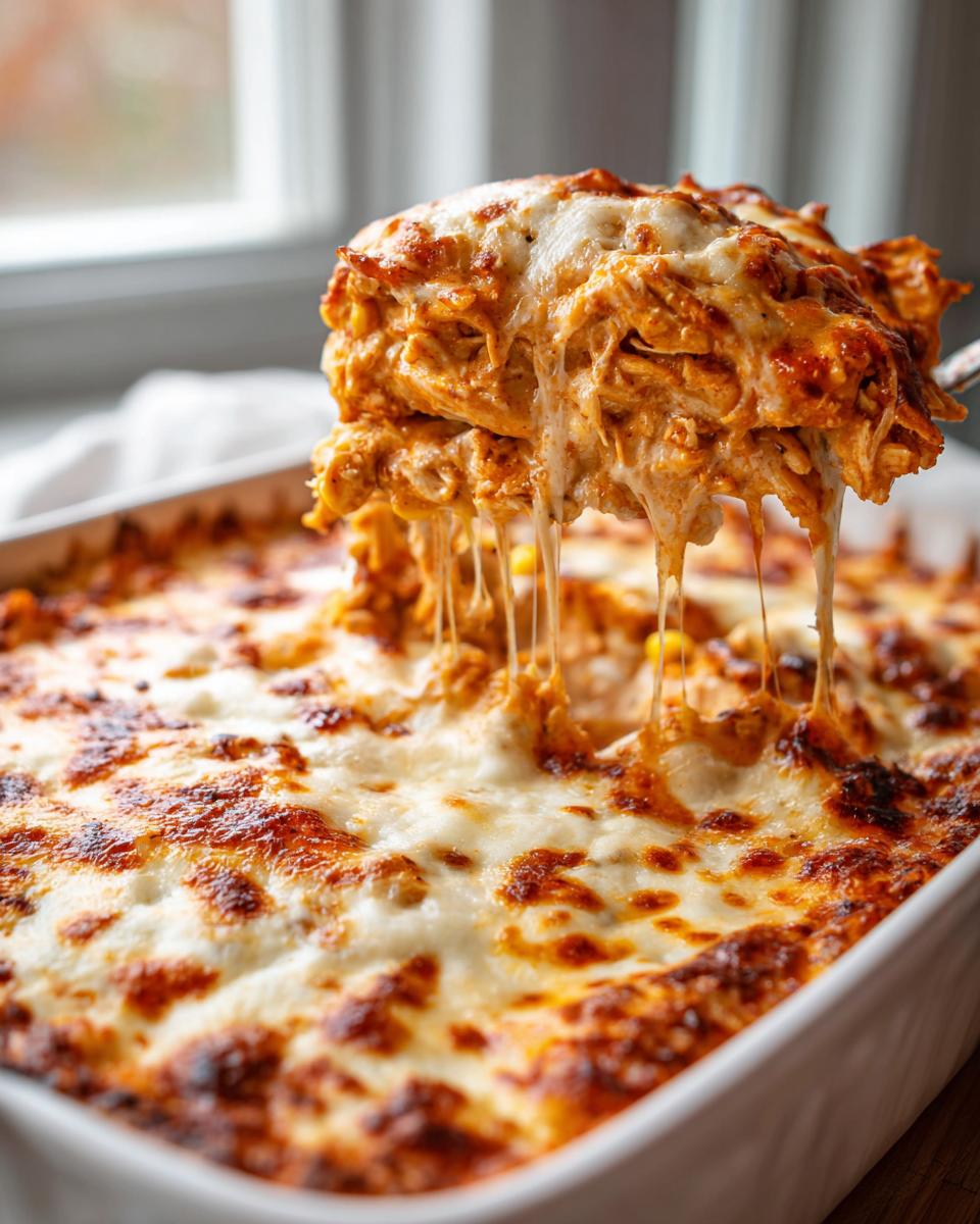 A gooey scoop of hot chicken enchilada dip being lifted from a white baking dish, showing long cheese pulls.