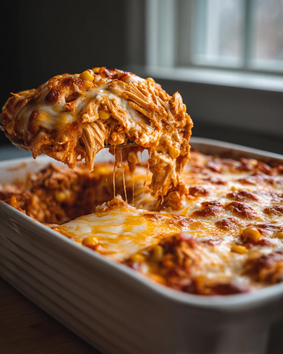 A spoonful of hot, cheesy chicken enchilada dip being lifted, showing melted cheese strings.