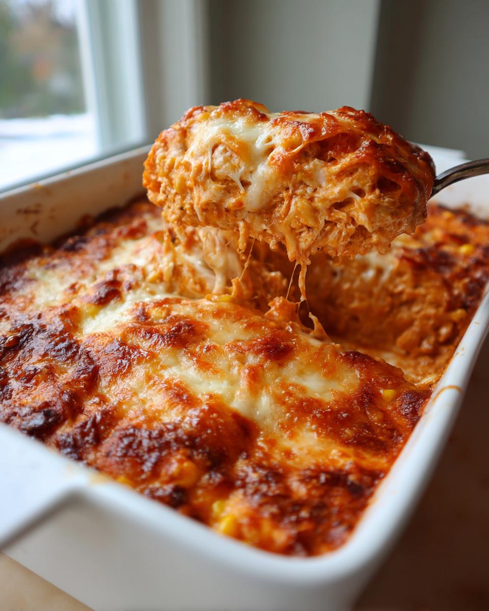 A spoonful of hot, cheesy chicken enchilada dip being lifted from a white baking dish, showing cheese pulls.