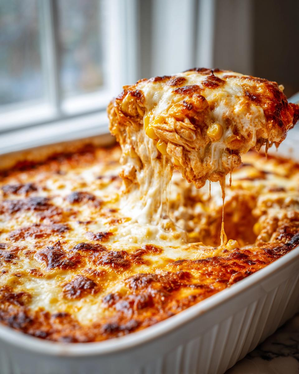 A spoonful of hot, cheesy chicken enchilada dip being lifted from a white baking dish, showing cheese pulls.