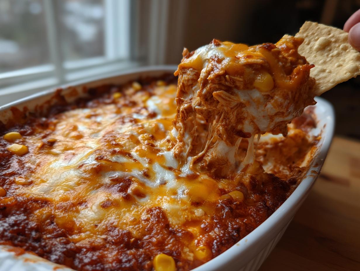 A scoop of hot, cheesy chicken enchilada dip being pulled out of a white baking dish with a tortilla chip.