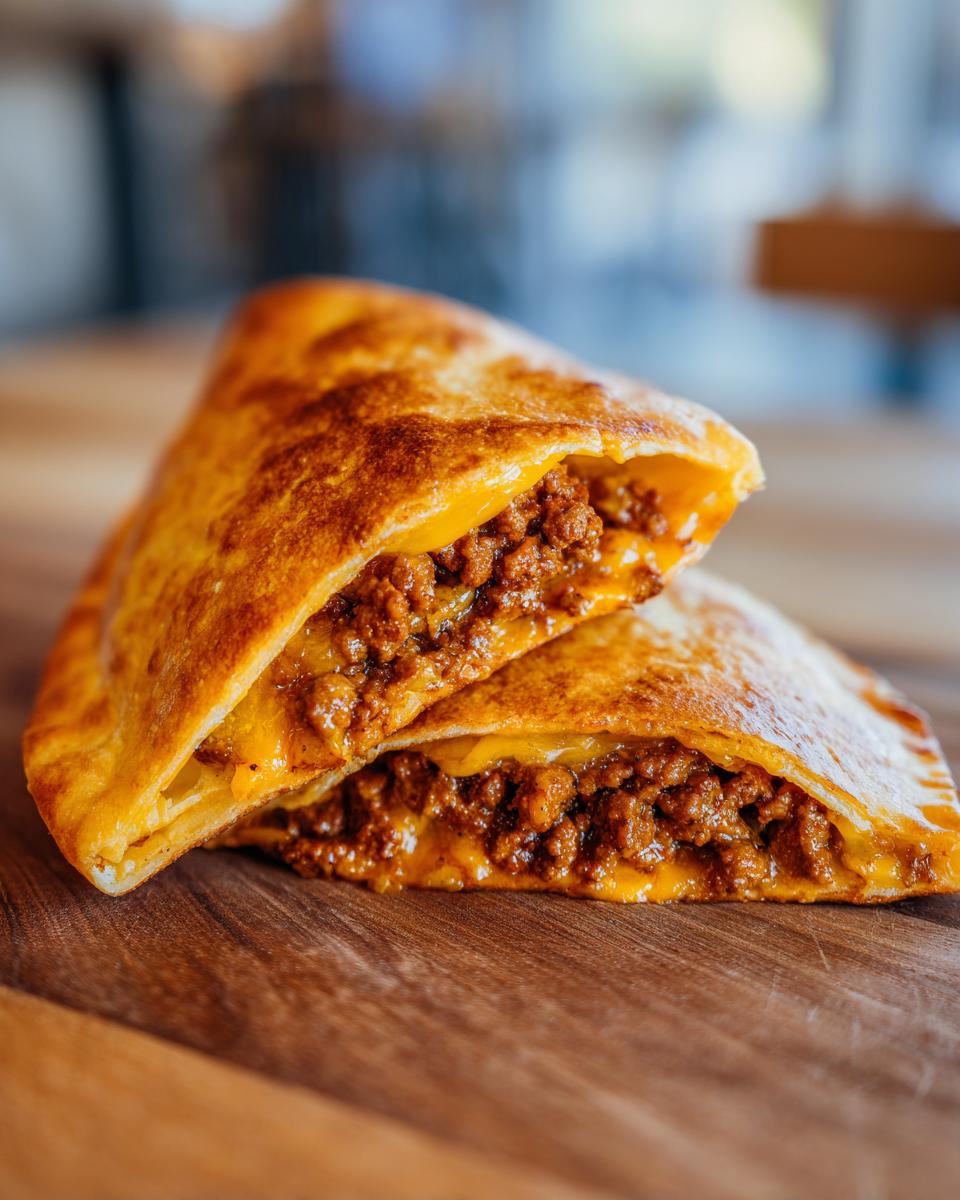 Close-up of two halves of cheesy pocket tacos filled with seasoned ground beef and melted cheddar cheese.