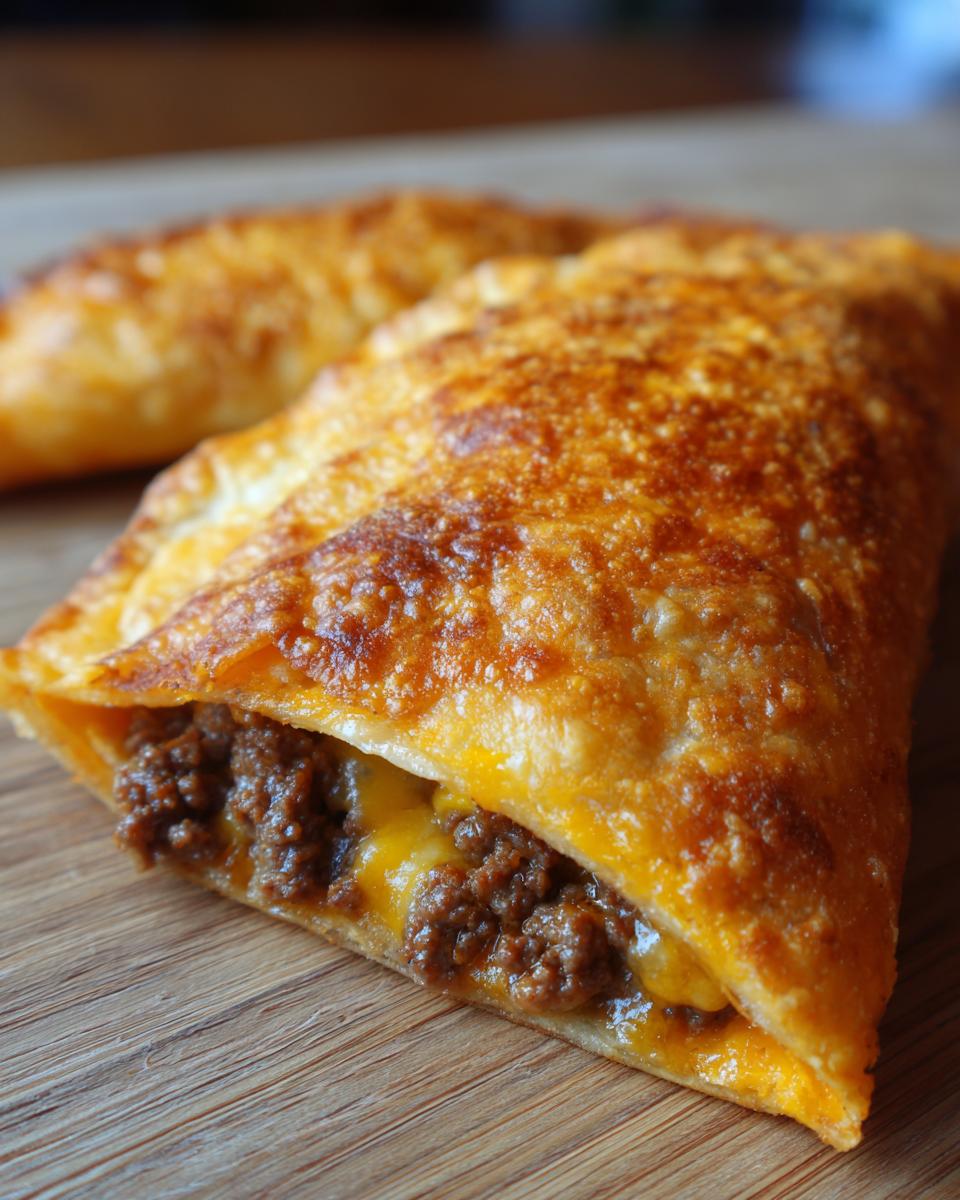 Close-up of a baked cheesy pocket tacos showing seasoned ground beef and melted cheddar cheese filling.