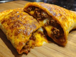 Close-up of cheesy pocket tacos cut open, showing seasoned ground beef and melted yellow and white cheese.