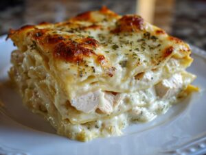 A close-up of a layered slice of chicken alfredo lasagna, featuring creamy sauce, chicken pieces, and a browned, cheesy top.