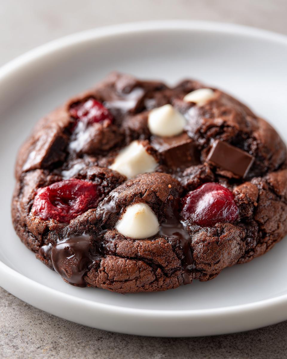 Close-up of a freshly baked, rich chocolate cherry cookies featuring melted chocolate, white chocolate chips, and bright red cherries.