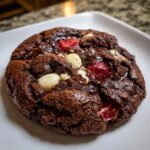 Close-up of a warm, fudgy chocolate cherry cookies with melted white chocolate chips and bright red cherry pieces.