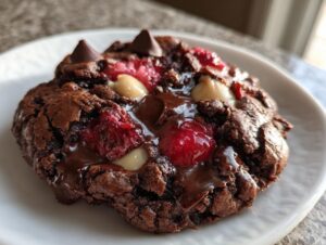 Close-up of a rich, dark chocolate cherry cookies, featuring melted chocolate, bright red cherries, and white chips.