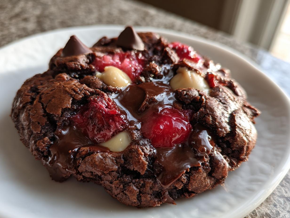 Close-up of a rich, dark chocolate cherry cookies, featuring melted chocolate, bright red cherries, and white chips.