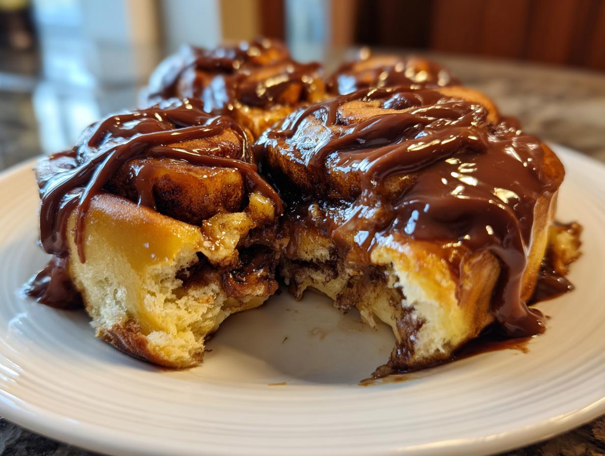 Close-up of fluffy chocolate cinnamon rolls dripping with thick chocolate glaze, one roll has a bite taken out.