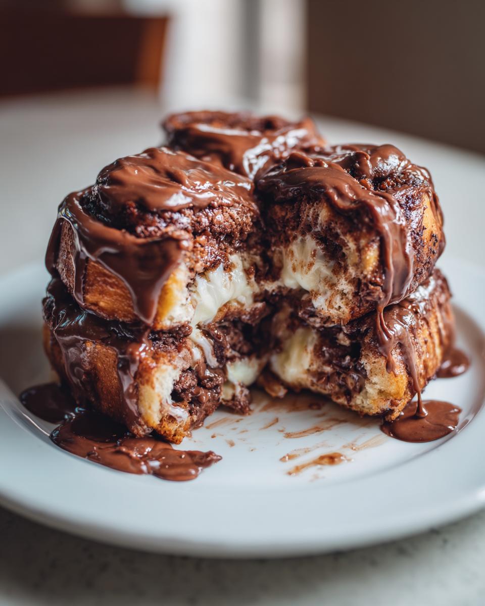 Close-up of chocolate cinnamon rolls stacked, cut open to show creamy filling, drizzled with chocolate sauce.