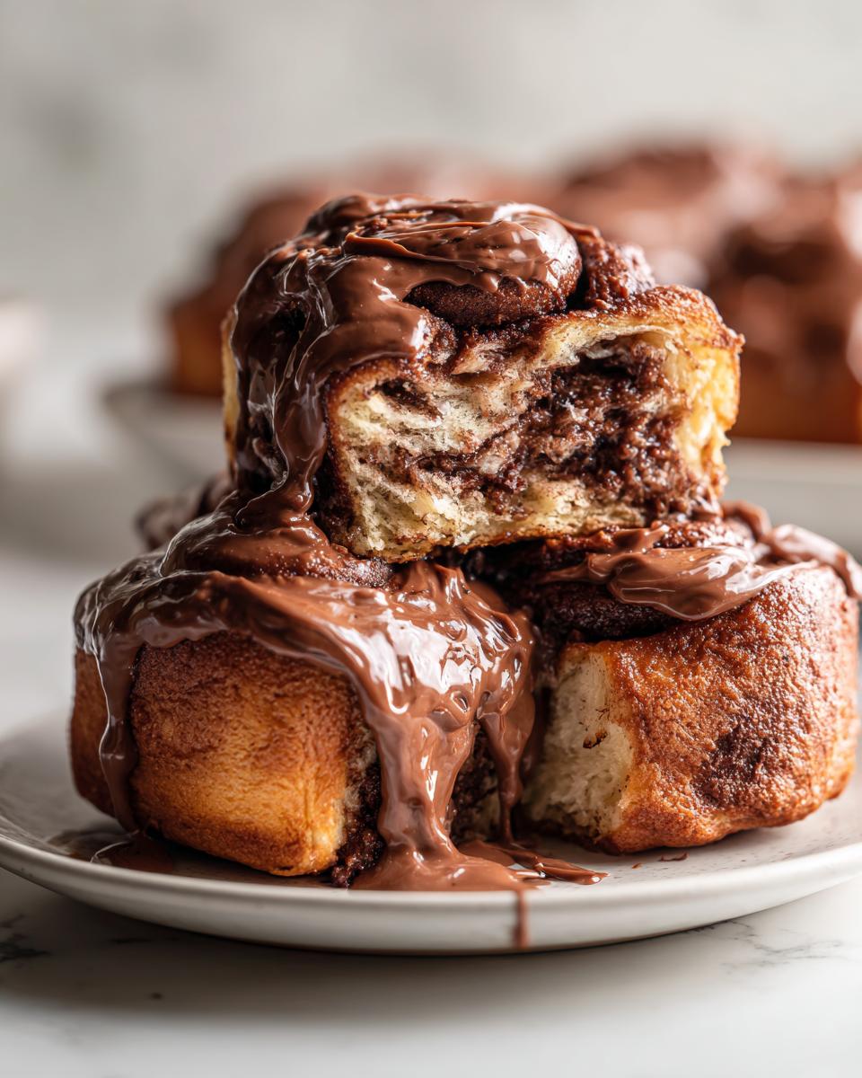 Close-up of stacked chocolate cinnamon rolls dripping with thick, melted chocolate frosting.