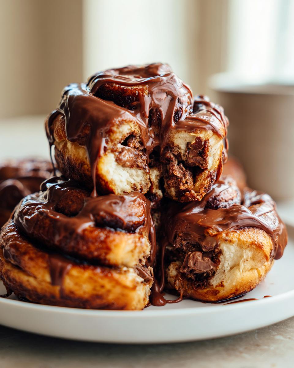 A stack of gooey chocolate cinnamon rolls, one split open, generously covered in melted chocolate glaze.