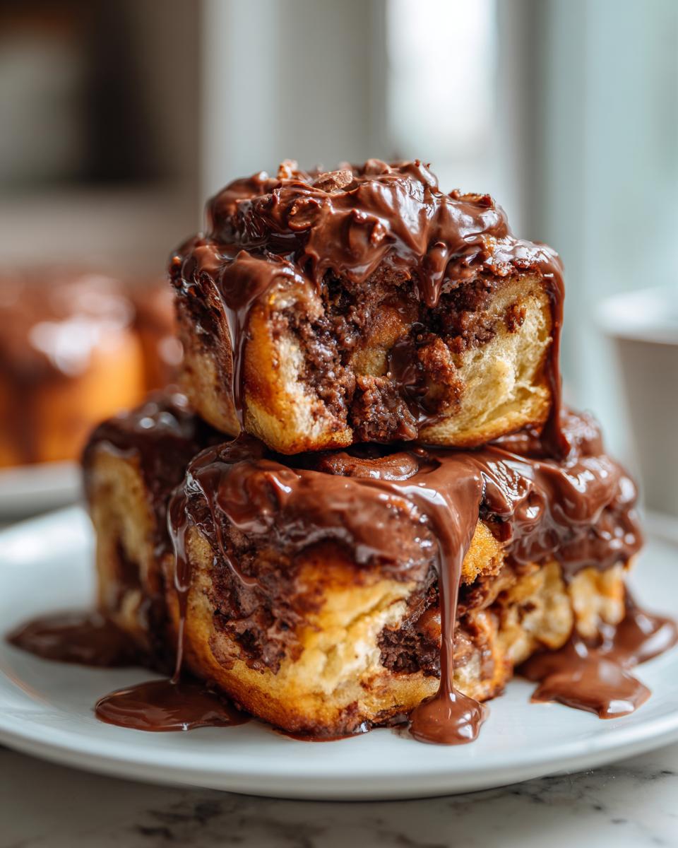 Two stacked, gooey chocolate cinnamon rolls dripping with rich chocolate glaze on a white plate.