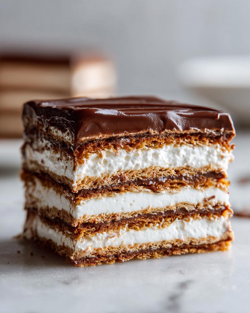 Close-up of a layered slice of chocolate eclair cake showing graham cracker layers, white cream filling, and chocolate glaze.