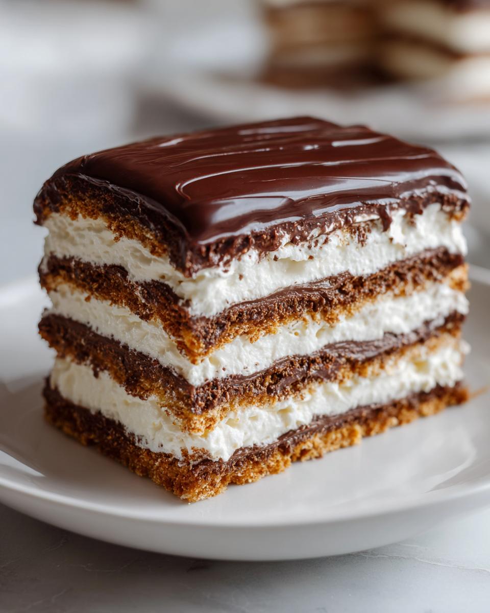 A decadent slice of chocolate eclair cake showing multiple layers of graham cracker crust, creamy filling, and chocolate glaze.