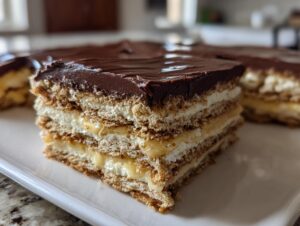 Close-up of a layered slice of chocolate eclair cake showing graham crackers, vanilla cream, and chocolate frosting.