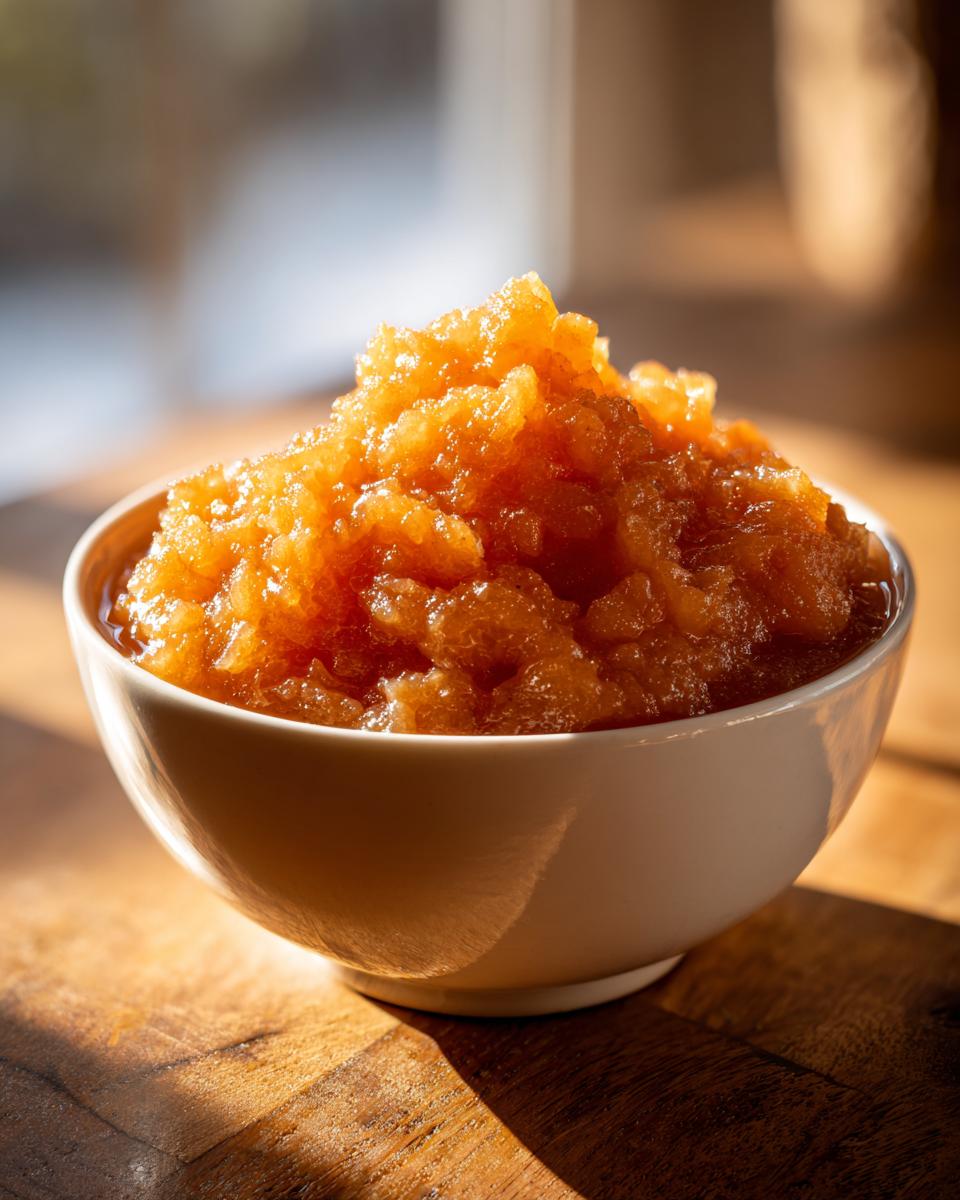 Close-up of chunky, amber-colored homemade applesauce piled high in a small white bowl.