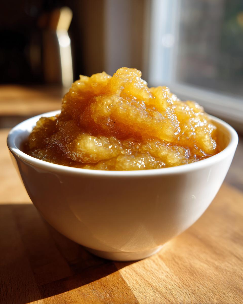A close-up of chunky, golden applesauce piled high in a white bowl, sitting on a wooden surface.