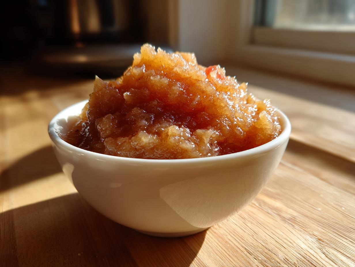 Close-up of chunky, homemade applesauce served in a small white bowl on a wooden surface.