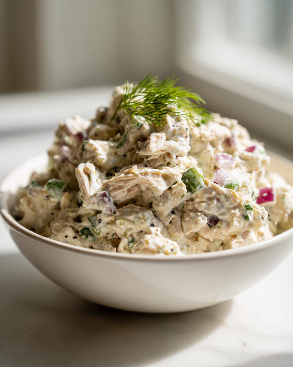 A creamy bowl of cottage cheese chicken salad mixed with red onion and celery, topped with fresh dill.