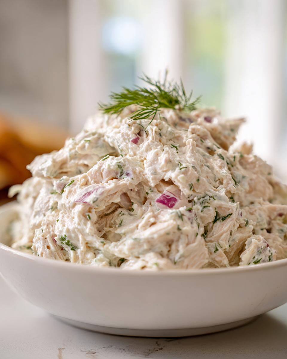 A close-up of a generous serving of creamy cottage cheese chicken salad, mixed with red onion and herbs, topped with fresh dill.