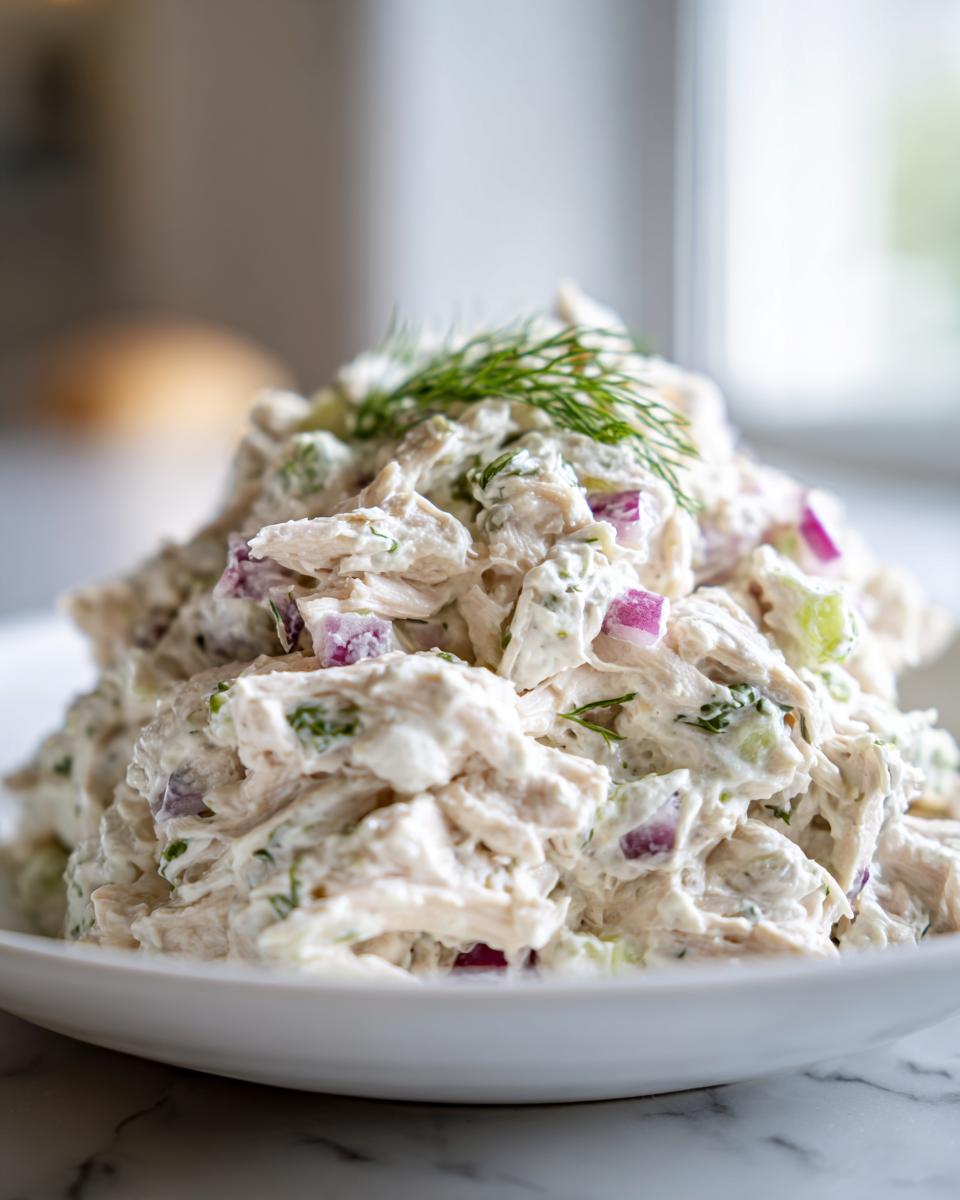 A close-up of a mound of creamy cottage cheese chicken salad mixed with red onion and topped with fresh dill.