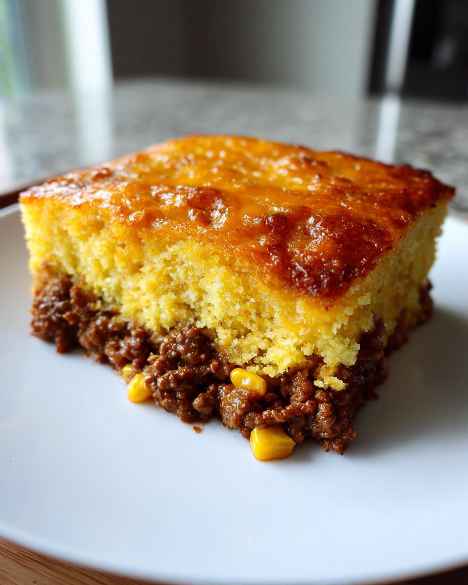 A square slice of cowboy cornbread casserole featuring a thick, golden-brown cornbread top over a savory ground meat and corn filling.