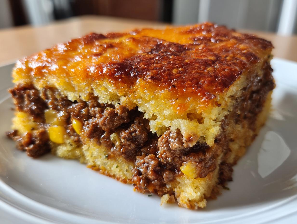 Close-up of a square serving of cowboy cornbread casserole showing a rich, browned top and a hearty layer of seasoned ground beef and corn filling.