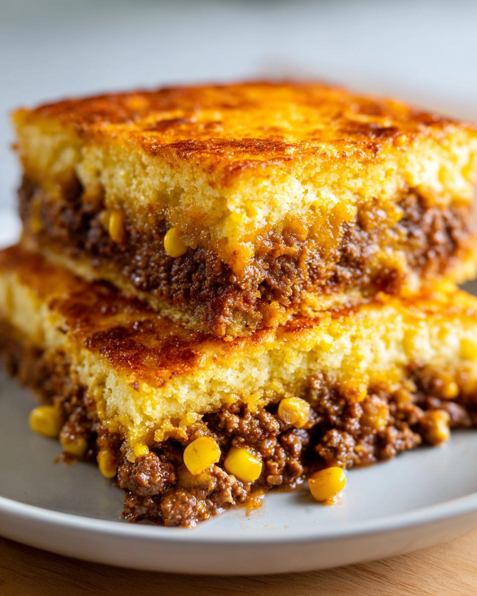 Close-up of two stacked squares of cowboy cornbread casserole showing a thick layer of seasoned ground beef and corn filling.