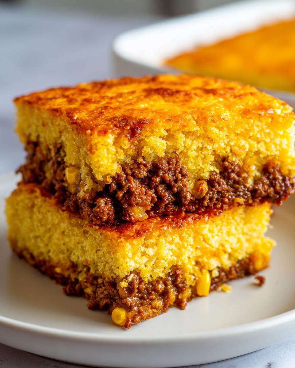 Two stacked squares of cowboy cornbread casserole showing a thick layer of seasoned ground meat filling.