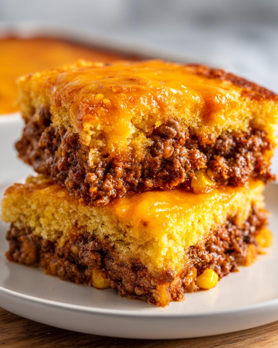 Two stacked squares of cowboy cornbread casserole showing a thick layer of seasoned ground beef filling topped with melted cheddar cheese.