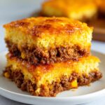 Two stacked squares of cowboy cornbread casserole showing a thick layer of savory ground meat filling between golden cornbread layers.